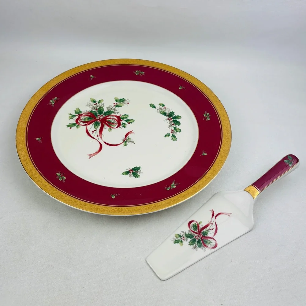 Mikasa Palatial Holly Gold Cake Plate & Server Red Gold Trim Holidays Christmas